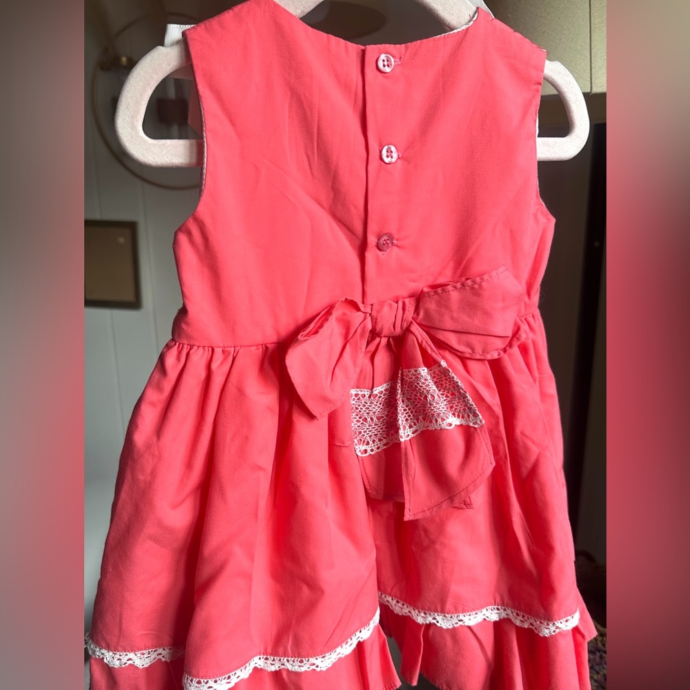 Girls Coral Lace-Trim Bow Shoulder Dress - Picture 3 of 4